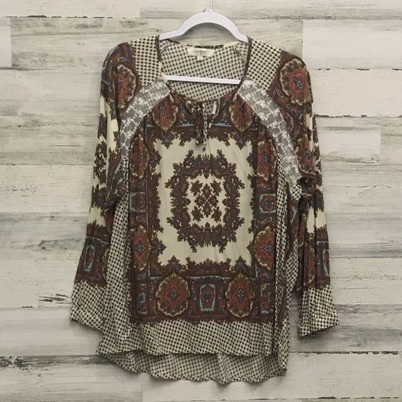 UMGEE USA cream multi pattern boho top Sz L - Picture 1 of 8